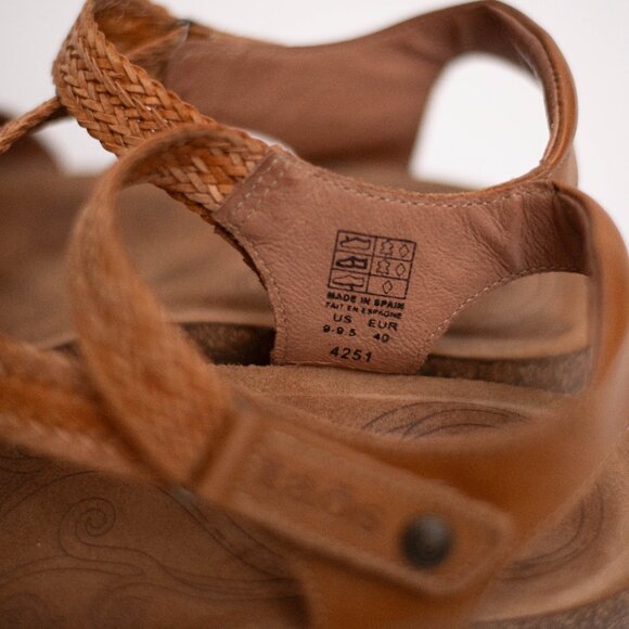 Taos Trulie Sandals 9 Camel Brown Leather Strappy Slingback Wedge Cork Footbed - Picture 5 of 9